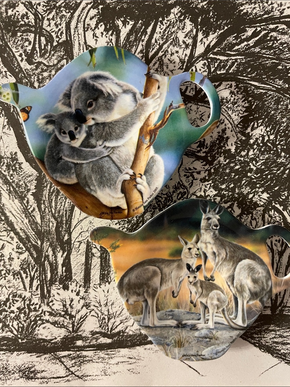 (2) Koala and Kangaroo 100% Melamine Tea Bag Spoon Rest Trinket Dish 3.75” x 3”